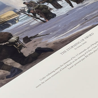 A close up photo of a military art poster depicting the storming of Sword beach on D-Day, 6th June 1944, by Simon Smith