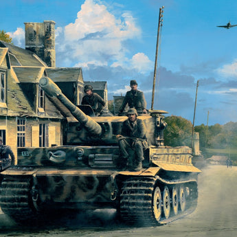 Skilfully led by their mercurial commander, SS-Hauptsturmführer Michael Wittman, the Tiger Tanks of s.SS-PZ. Abt. 101 blaze through a shattered French Village in the days following D-Day, June 1944. Their destination – Normandy! WW2 Military Art D-Day Poster by Simon Smith