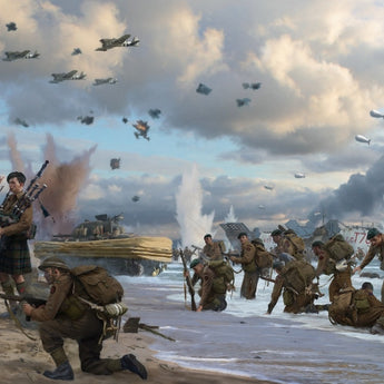 A military art poster depicting the storming of Sword beach on D-Day, 6th June 1944, by Simon Smith